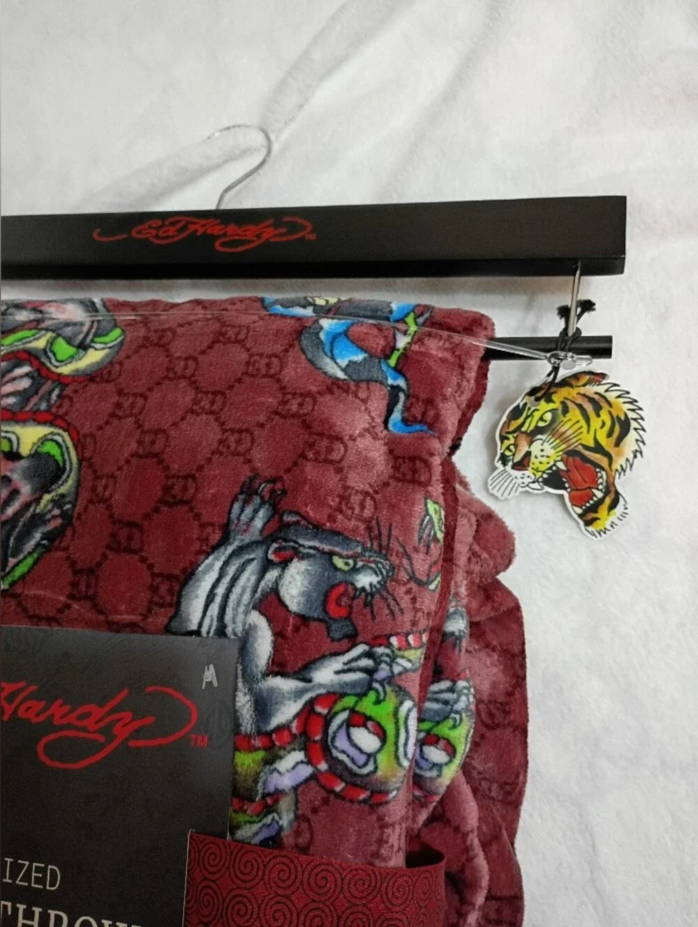 Ed Hardy Burgundy Plush Throw with Multicolor Tattoo Motif